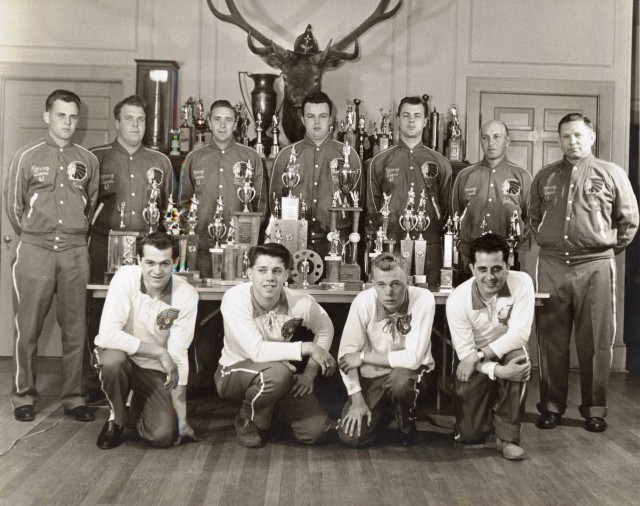 Center Moriches FD Indians Drill Team (Top Row L to R) Terry Hooper, Ronald Gerard, Warren Croon, Ken Leger, Del Durret, John Raynor, Jack Kanas (Bottom Row L to R) Frank Holzman Jr, Robert Durret, Robert Loper, Anthony Nizza